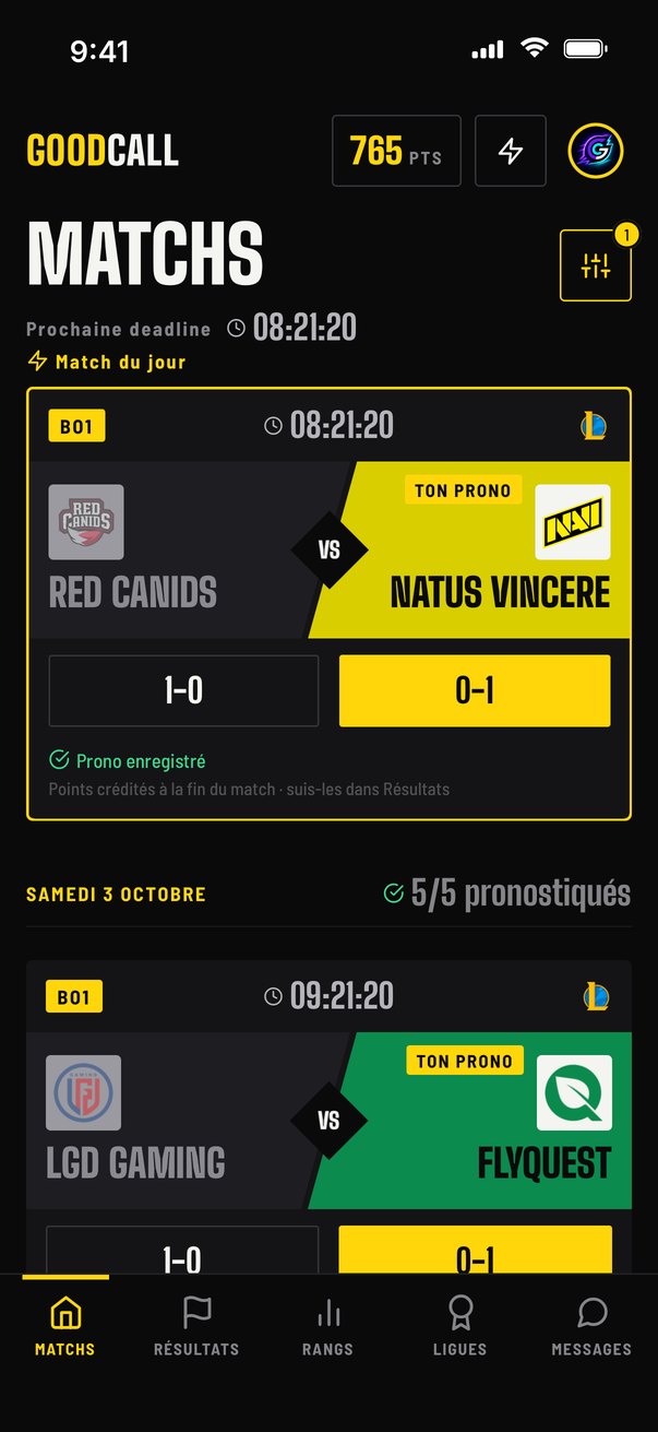 Écran Matchs de l'app GoodCall